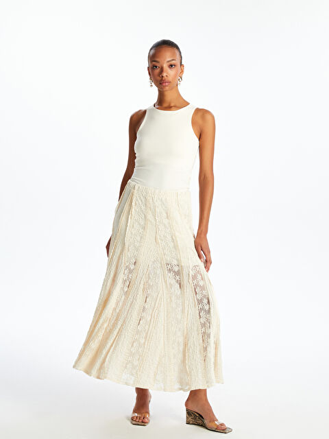 LCW Vision Beli Lastikli Dantelli Pileli Etek - S5Q909Z8-R9J