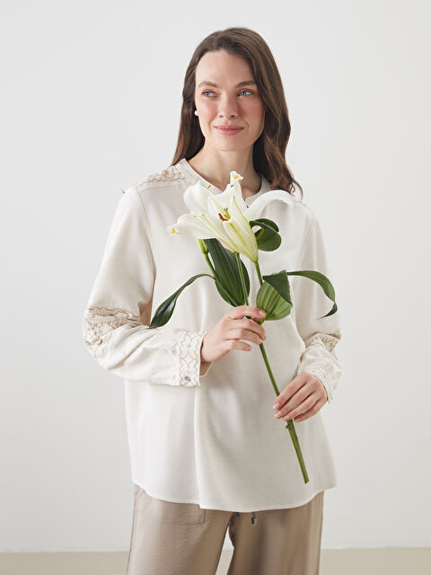 LCW Grace Kaçık Yaka Desenli Keten Karışımlı Bluz - S5Q919Z8-ZP3