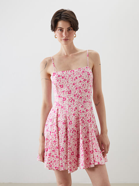 LCW Vision Kare Yaka Çiçekli Modal Karışımlı Mini Elbise - S5QC31Z8-LSZ