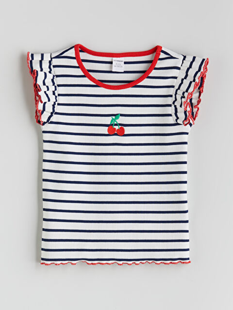 LCW Kids Kİraz Nakışlı Çizgili Kız Çocuk Tişört - S5QD20Z1-LGS