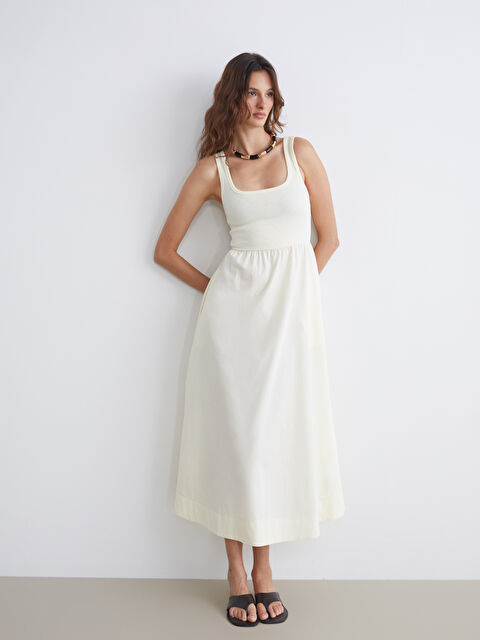 LCW Vision Kare Yaka Dokulu Belden Oturtmalı Elbise - S5QJ05Z8-ETY