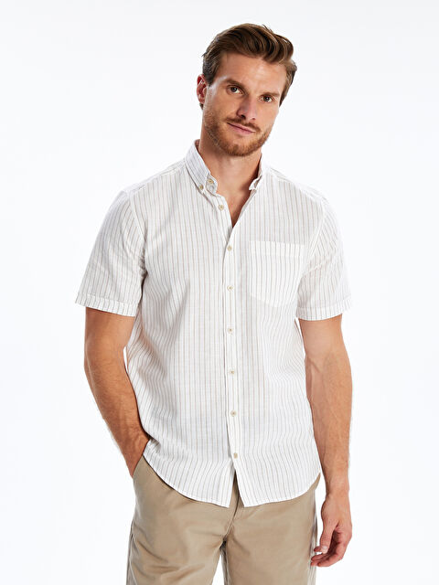 LCWAIKIKI Classic Regular Fit Kısa Kollu Çizgili Keten Karışımlı Erkek Gömlek - S5QK80Z8-ELZ