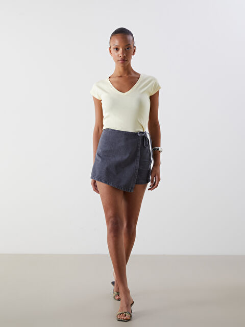 LCW Jeans Beli Bağlamalı Kadın Jean Şort Etek - S5QN16Z8-GRD