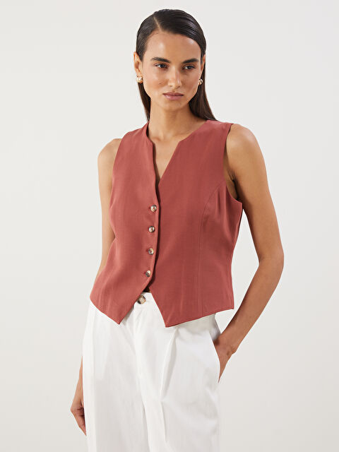 LCWAIKIKI Classic Kaçık Yaka Keten Karışımlı Kadın Klasik Yelek - S5QO17Z8-H2X