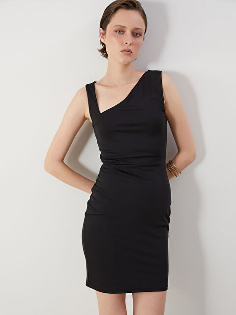 LCW Vision Asimetrik V Yaka Büzgülü Krep Elbise - S5QO60Z8-CVL