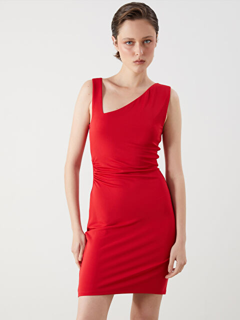 LCW Vision Asimetrik V Yaka Büzgülü Krep Elbise - S5QO60Z8-HPM