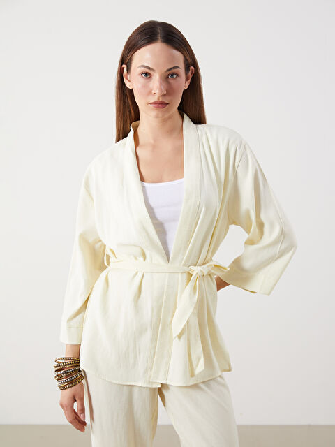 LCW Comfort Şal Yaka Keten Karışımlı Oversize Kadın Kimono - S5QP68Z8-Z6G