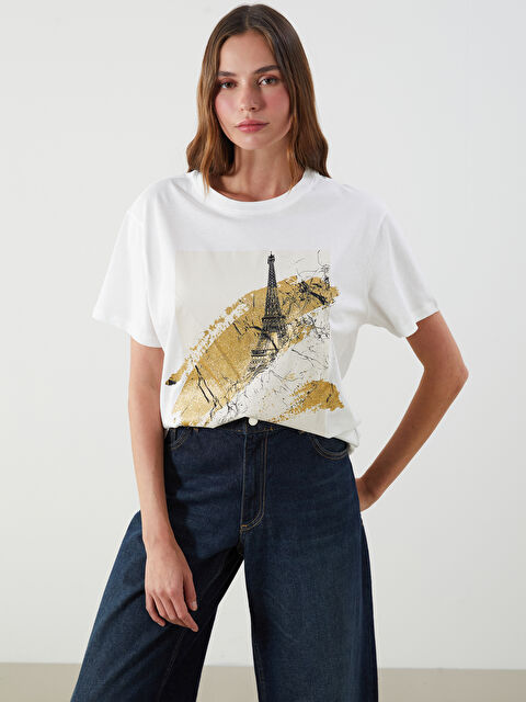 LCW Vision Bisiklet Yaka Baskılı Kadın Tişört - S5QQ32Z8-R9J