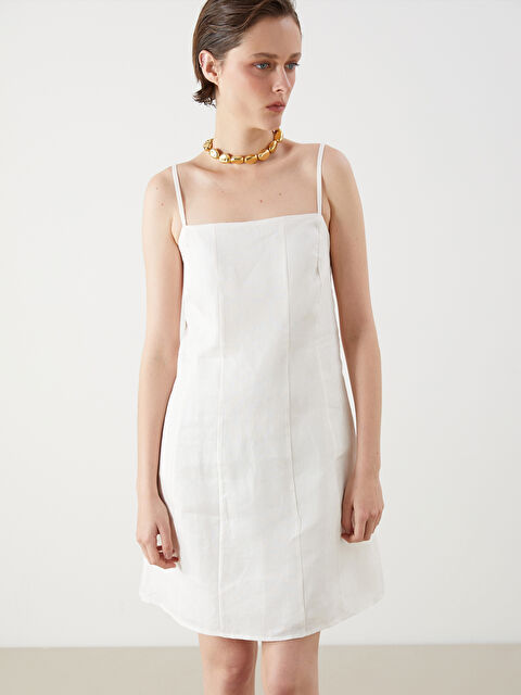 LCW Vision Kare Yaka %100 Keten Mini Elbise - S5R041Z8-R9J