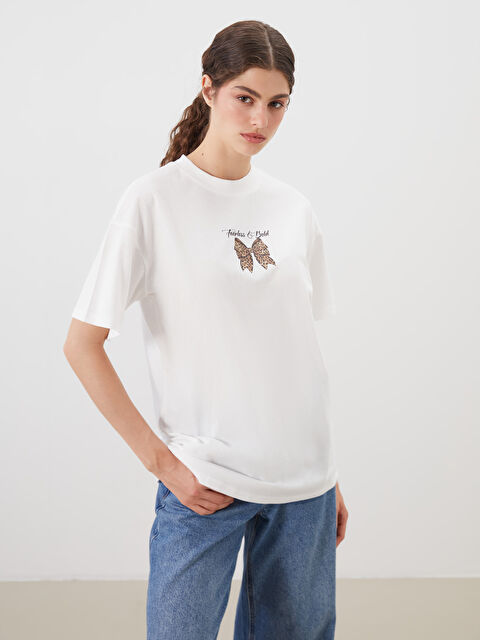 LCW Modest Bisiklet Yaka Baskılı Kadın Tişört - S5R179Z8-R9J