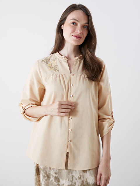 LCW Grace Kaçık Yaka Çiçek Nakışlı Kadın Gömlek - S5R227Z8-YBP