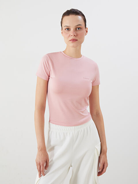 LCW Vision Bisiklet Yaka Nakışlı Kadın Tişört - S5R245Z8-FGV