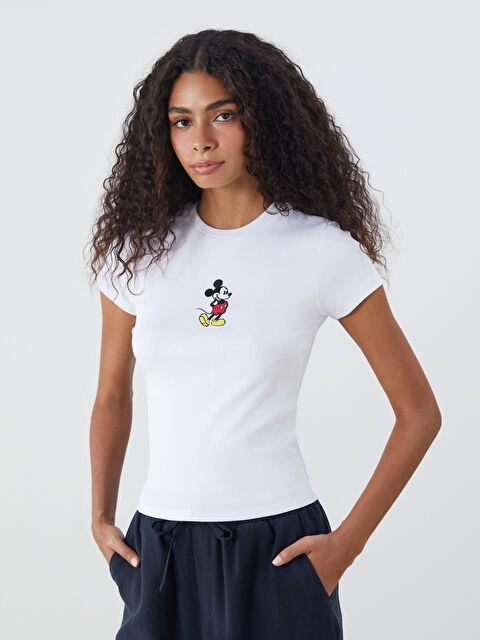 XSIDE Bisiklet Yaka Mickey Mouse Nakışlı Kadın Tişört - S5R494Z8-Q6K