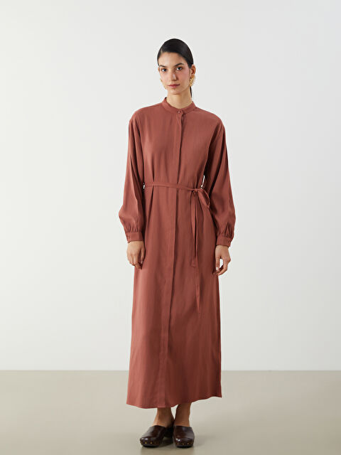 LCW Modest Hakim Yaka Kuşaklı Keten Karışımlı Gömlek Elbise - S5R502Z8-Y9Y