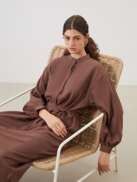 LCW Modest Hakim Yaka Kuşaklı Keten Karışımlı Gömlek Elbise - S5R502Z8-ZH2