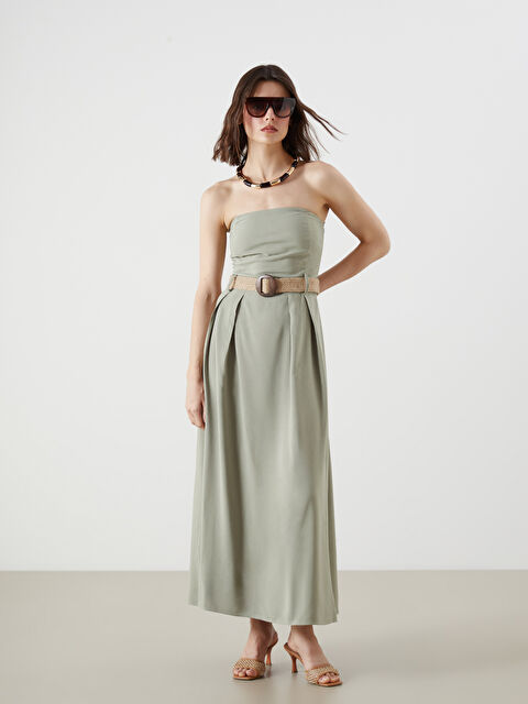 LCW Vision Straplez Yaka Beli Kemerli Keten Karışımlı Elbise - S5R576Z8-GWK