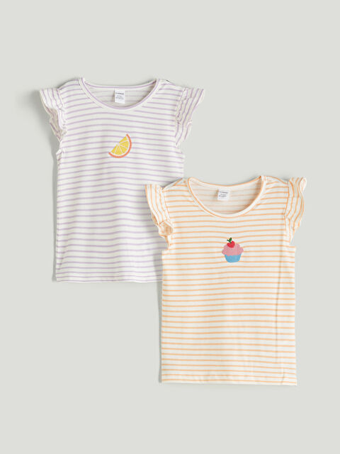 LCW Kids Bisiklet Yaka Çizgili Kız Çocuk Tişört 2'li - S5R665Z1-LFB