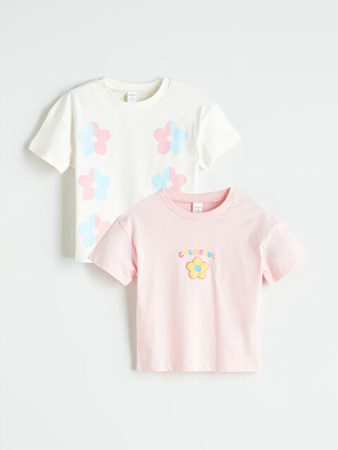 LCW Kids Bisiklet Yaka Çiçekli Kız Çocuk Tişört 2'li - S5R666Z1-FES