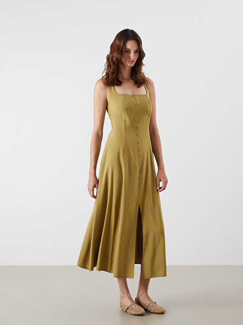 LCW Vision Kare Yaka Keten Karışımlı Elbise - S5R688Z8-GUW