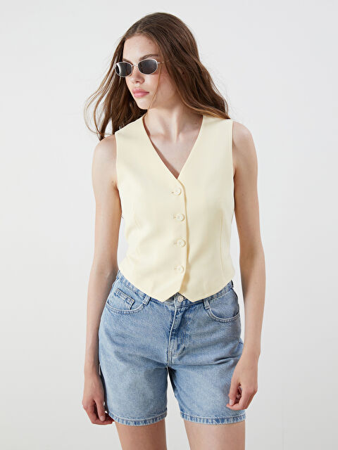 XSIDE V Yaka Keten Görünümlü Kadın Klasik Yelek - S5R853Z8-CRK