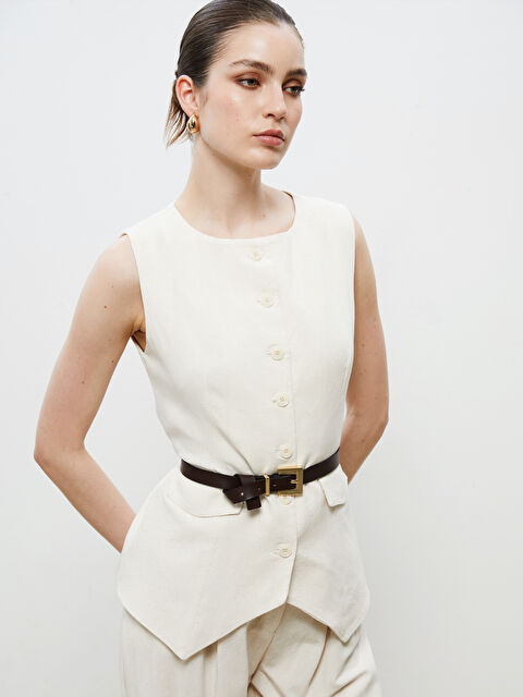 Soulife Bisiklet Yaka Keten Görünümlü Kadın Klasik Yelek - S5RB43Z8-HZZ