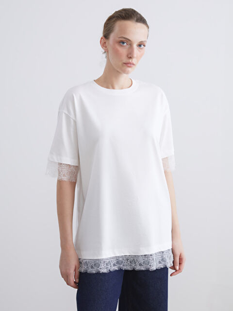 LCW Comfort Bisiklet Yaka Dantel Detaylı Kadın Tişört - S5RE99Z8-Q6K
