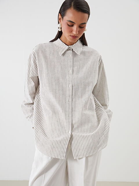 LCW Modest Çizgili Keten Karışımlı Kadın Gömlek Tunik - S5RG08Z8-LEV