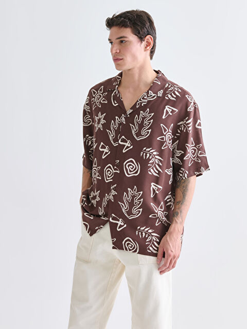 XSIDE Regular Fit Resort Yaka Kısa Kollu Desenli Viskon Erkek Gömlek - S5RG20Z8-LQY
