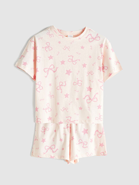 LCW DREAM Bisiklet Yaka Fiyonk Baskılı Kız Çocuk Şortlu Pijama Takım - S5RI57Z4-LT4