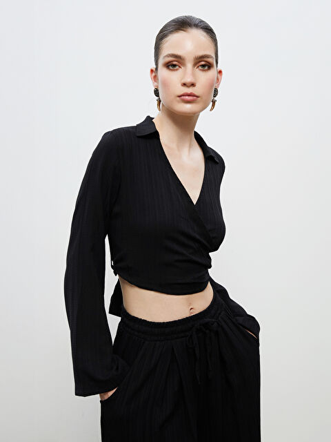 Soulife Kruvaze Yaka Dokulu Crop Bluz - S5RJ42Z8-CVL