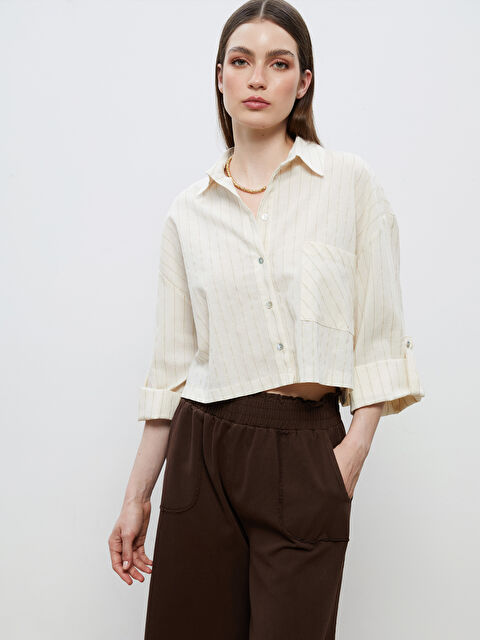 Soulife Çizgili Keten Karışımlı Crop Kadın Gömlek - S5RL82Z8-HZZ