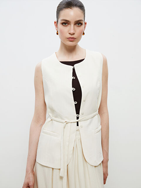 Soulife Bisiklet Yaka Keten Görünümlü Kadın Klasik Yelek - S5RL83Z8-CV5