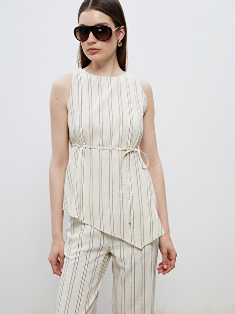 Soulife Bisiklet Yaka Çizgili Asimetrik Kesim Kolsuz Bluz - S5RL87Z8-HZZ