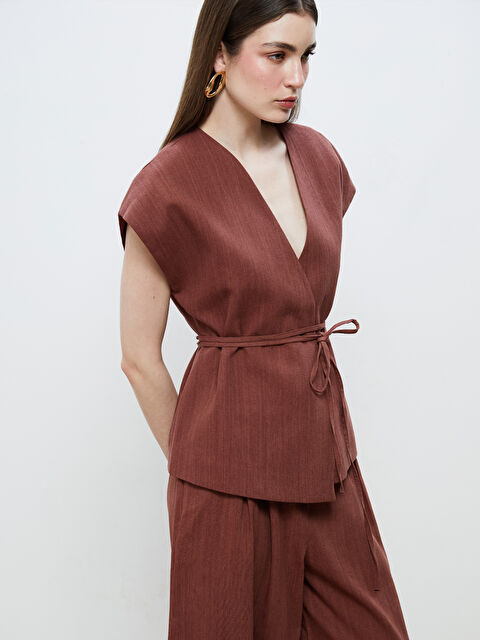 Soulife Kruvaze Yaka Keten Görünümlü Bluz - S5RL91Z8-CZ9