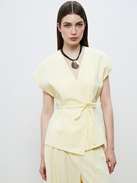 Soulife Kruvaze Yaka Keten Görünümlü Bluz - S5RL91Z8-FRL