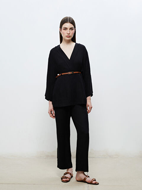 Soulife Beli Lastikli Keten Görünümlü Kadın Pantolon - S5RL99Z8-CVL