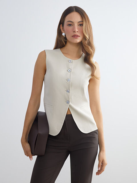LCWAIKIKI Classic Bisiklet Yaka Keten Karışımlı Kadın Klasik Yelek - S5RM66Z8-V9H