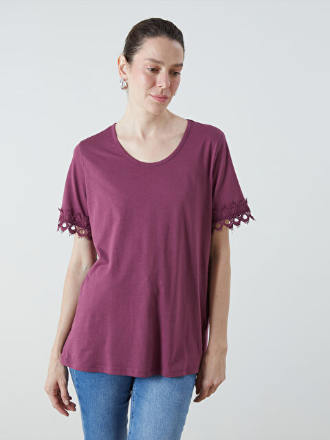 LCW Grace Bisiklet Yaka Dantel Detaylı Kadın Tişört - S5RR18Z8-HPH