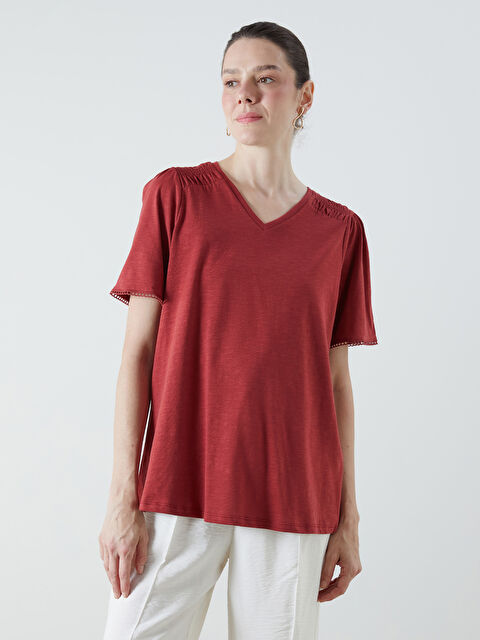 LCW Grace V Yaka Büzgülü Kadın Tişört - S5RR25Z8-KCN