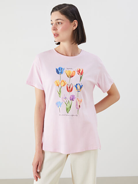 LCWAIKIKI Classic Bisiklet Yaka Baskılı Kadın Tişört - S5RR66Z8-QWP