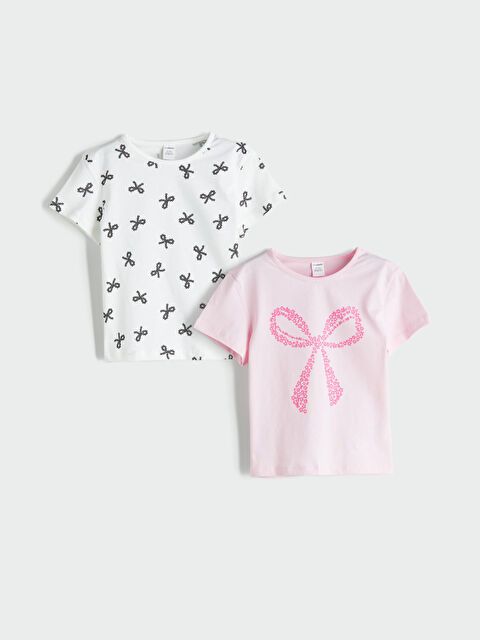 LCW Kids Bisiklet Yaka Kurdele Detaylı Kız Çocuk Tişört 2'li - S5RY84Z1-LRA