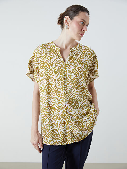 LCW Grace Kaçık Yaka Desenli Keten Karışımlı Bluz - S5S285Z8-LQB