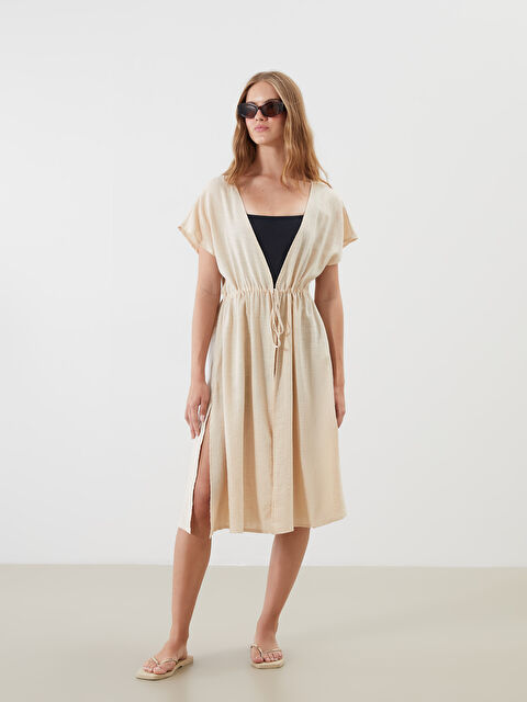 LCW DREAM V Yaka Keten Görünümlü Kadın Plaj Elbisesi - S5S451Z8-FDU