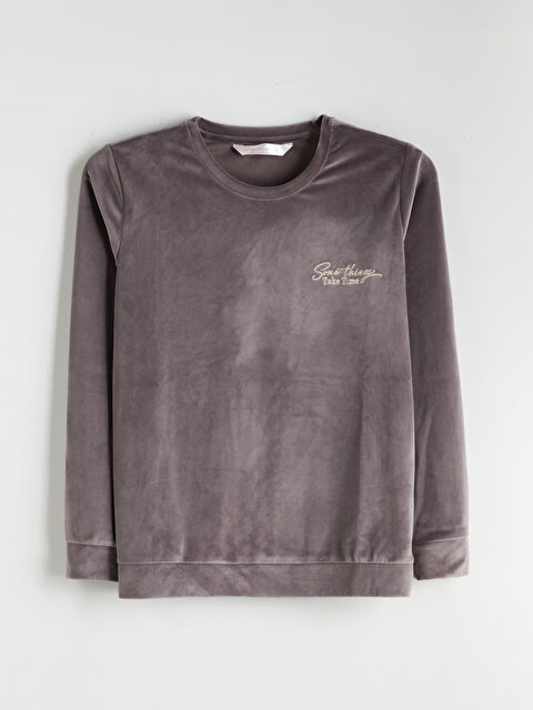 LCW DREAM Bisiklet Yaka Nakışlı Kadın Kadife Pijama Üstü - W51690Z8-H0H