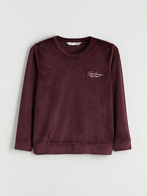 LCW DREAM Bisiklet Yaka Nakışlı Kadın Kadife Pijama Üst - W51690Z8-HNV