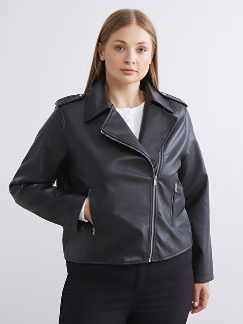 LCWAIKIKI Classic Biker Yaka Kadın Deri Görünümlü Ceket - W53157Z8-CVL