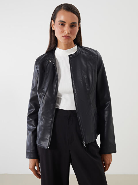 LCWAIKIKI Classic Bisiklet Yaka Kadın Deri Görünümlü Ceket - W53159Z8-CVL