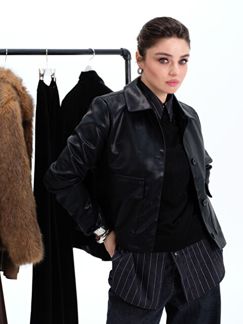 LCWAIKIKI Classic Gömlek Yaka Kadın Deri Görünümlü Ceket - W53247Z8-CVL