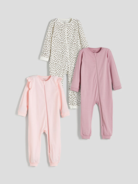 LCW baby Bisiklet Yaka Uzun Kollu Kız Bebek Tulum 3'lü - W55554Z1-FTG