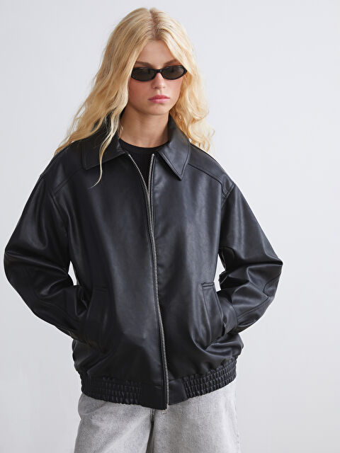 XSIDE Gömlek Yaka Oversize Kadın Deri Görünümlü Ceket - W56102Z8-CVL